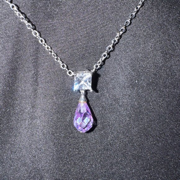 Laila Rowe Silver Tone Necklace W/Purple Teardrop & Clear Crystal Pendant 14" - Picture 4 of 10